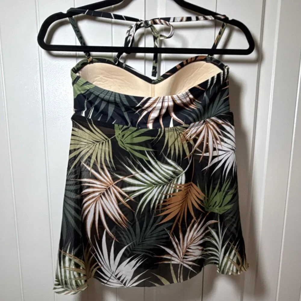 Kona Sol Tropical Leaf Print Halter Tankini Swim Top Built-In Bra Black M - Picture 3 of 9